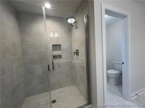 a bathroom with a shower and a toilet