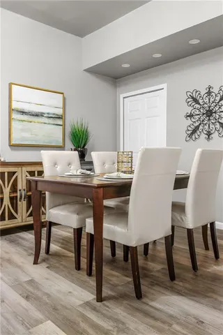 a view of a dining room with furniture