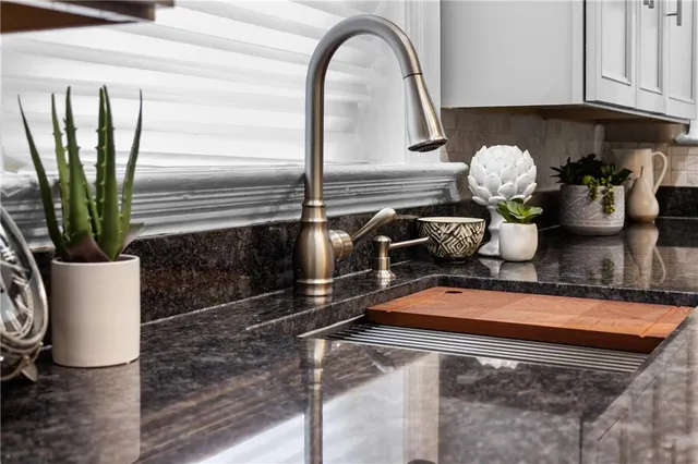 a kitchen with a faucet a potted plant on the counter