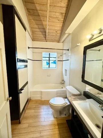 a bathroom with a sink a toilet a mirror and bathtub