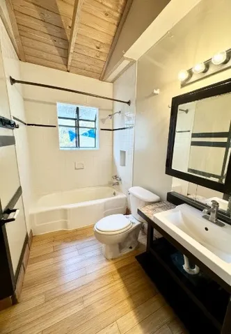 a bathroom with a sink a toilet a mirror and bathtub