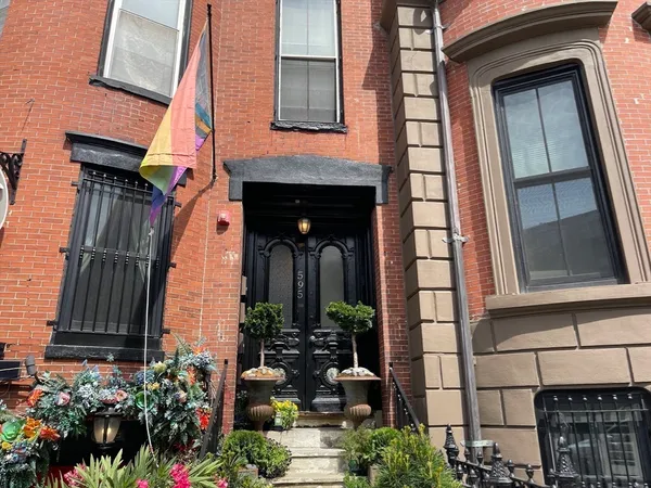 a view of a building with potted plants