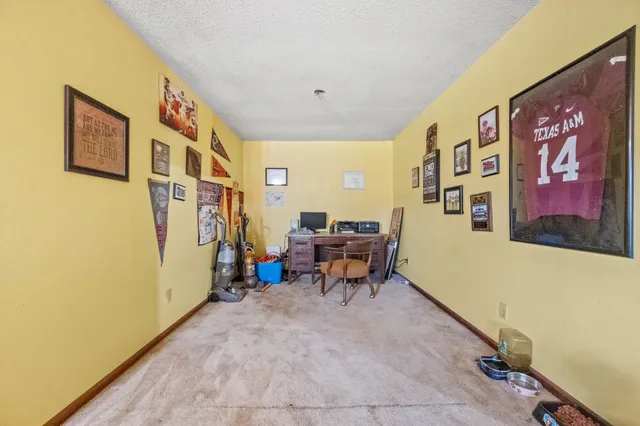 a bed room with furniture and paintings on the wall