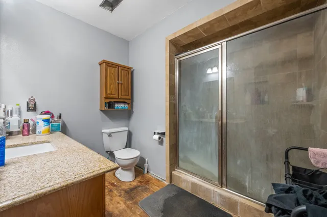 a bathroom with a sink a toilet and shower