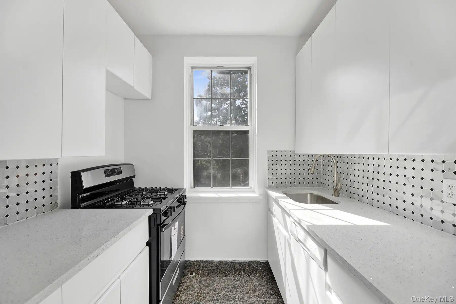1 Ash Place, Unit 3A Great Neck, NY 11021 - Photo 7 of 10 Galley kitchen featuring white cabinetry, light countertops, mosaic tile backsplash, stainless steel sink with gooseneck faucet, and a black and stainless steel range