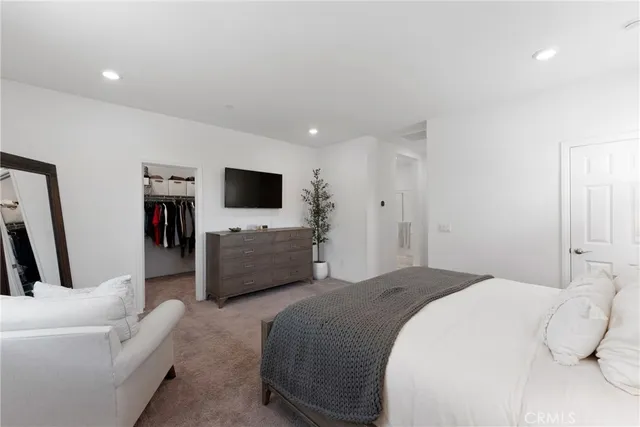 a bedroom with a bed a television and a couch