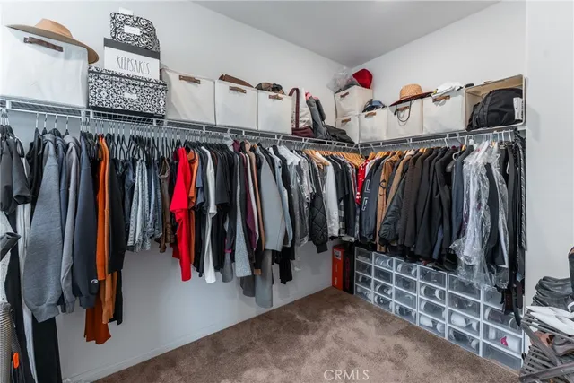 a view of walk in closet with clothes and shoes