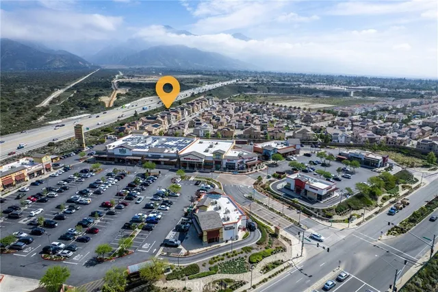 an aerial view of a backyard