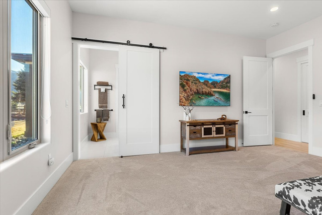 1210 East Bristle Cone Road Pine Valley, UT 84781 - Photo 14 of 54 Primary Bedroom featuring a barn door and light colored carpet
