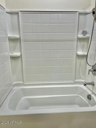 a bathroom with a white bath tub and a shower