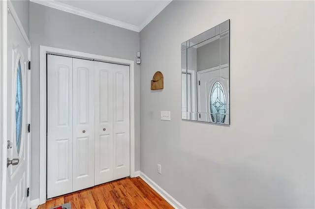 a view of a livingroom with wooden floor