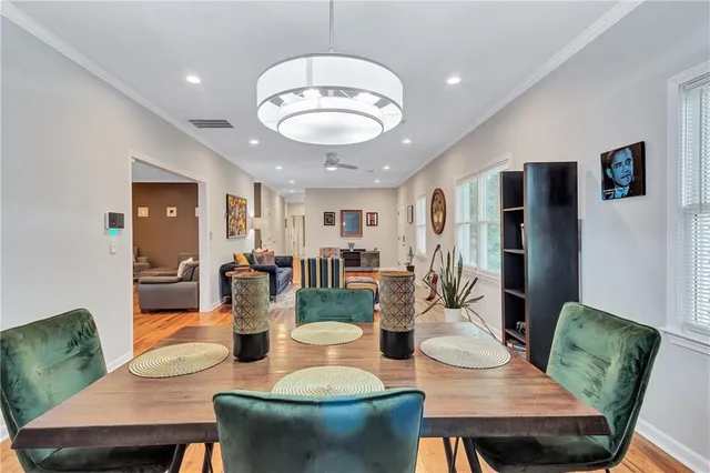 a view of a dining room with furniture