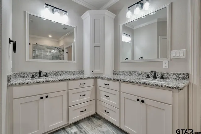a bathroom with a granite countertop sink vanity and mirror