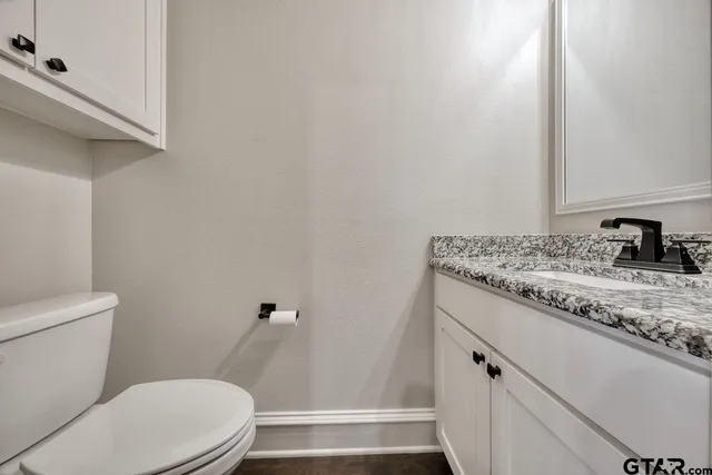 a bathroom with a granite countertop sink toilet and a mirror