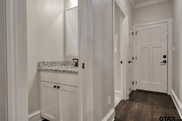 a bathroom with a granite countertop sink and a mirror