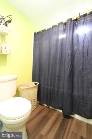 a bathroom with a toilet and a shower curtain