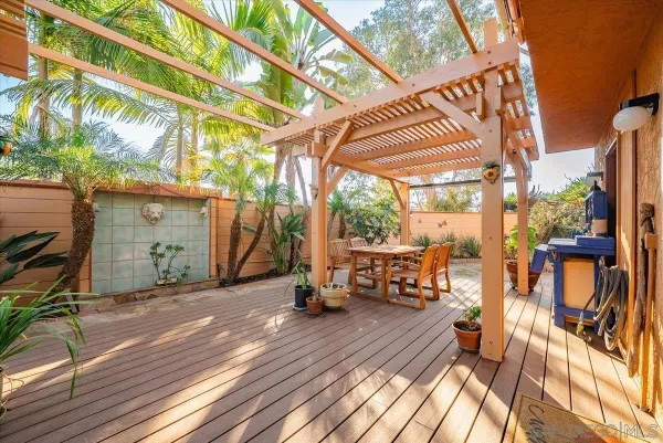 a view of a yard with plants and large trees