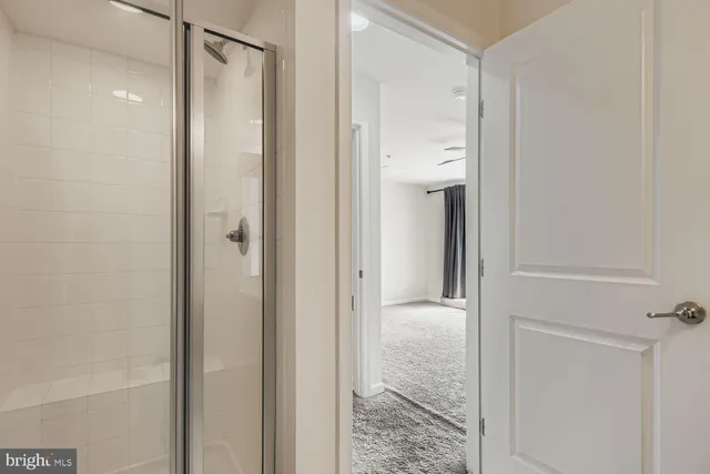 a view of a bathroom from a hallway