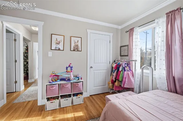 a bedroom with a bed and a desk