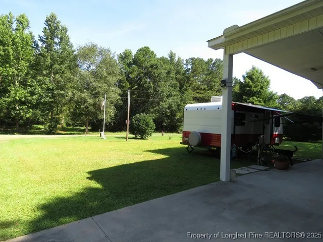 a view of a grassy field with trees