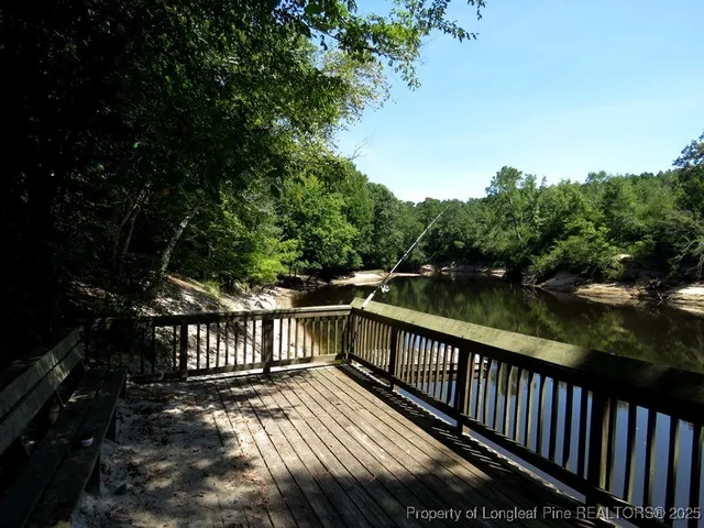 a view of a lake with boats and trees in the background