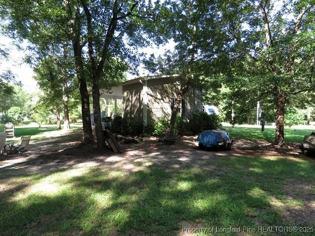a view of a backyard with a slide trees and wooden fence