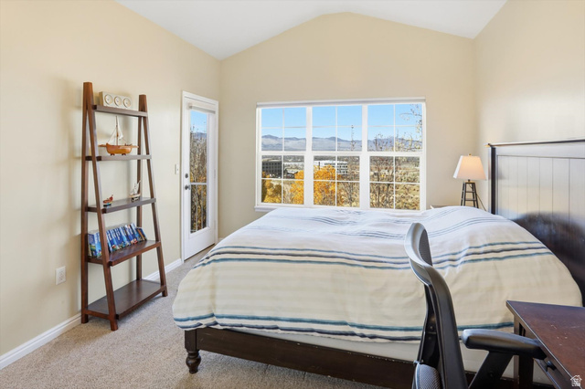 14820 175 East Draper, UT 84020 - Photo 11 of 39 Bedroom featuring carpet floors, access to exterior, and vaulted ceiling