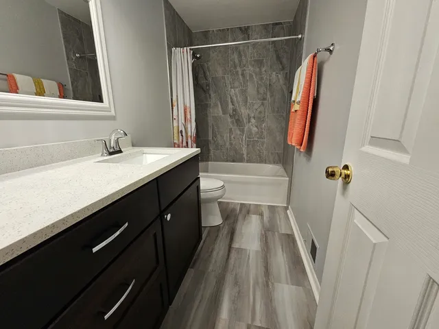 a bathroom with a sink a toilet a mirror and shower