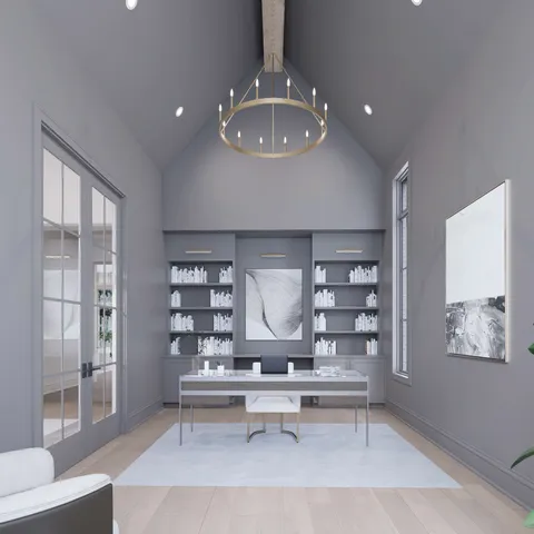 a living room with furniture fireplace and a large window