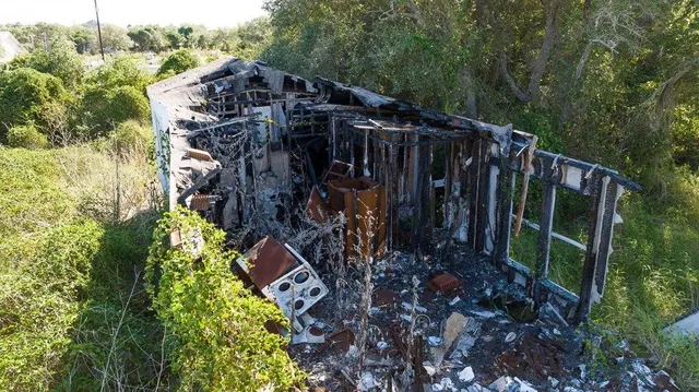 a view of a house with a small yard and large trees