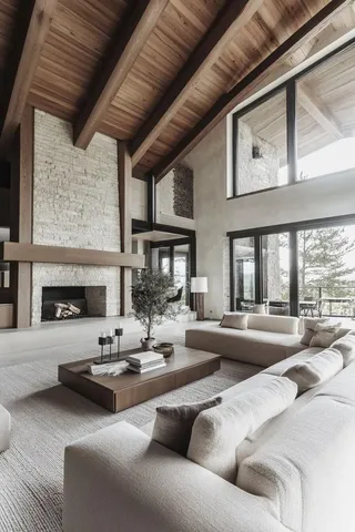 a living room with fireplace furniture and a large window