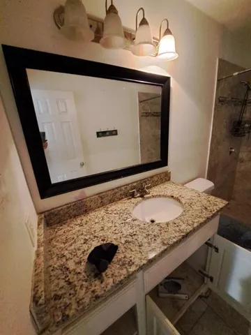 a bathroom with a granite countertop sink and a mirror