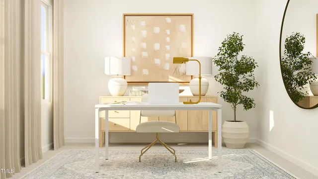 a view of a room with a window and furniture