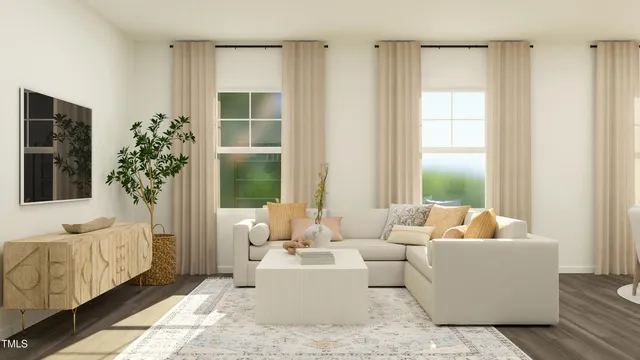 a living room with furniture and a potted plant
