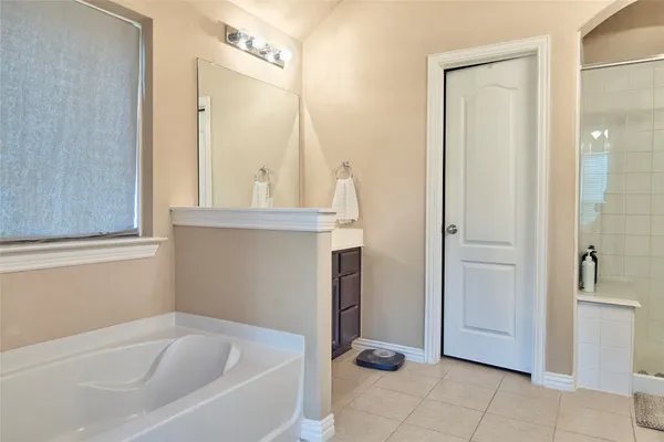 a bathroom with a bathtub and a shower