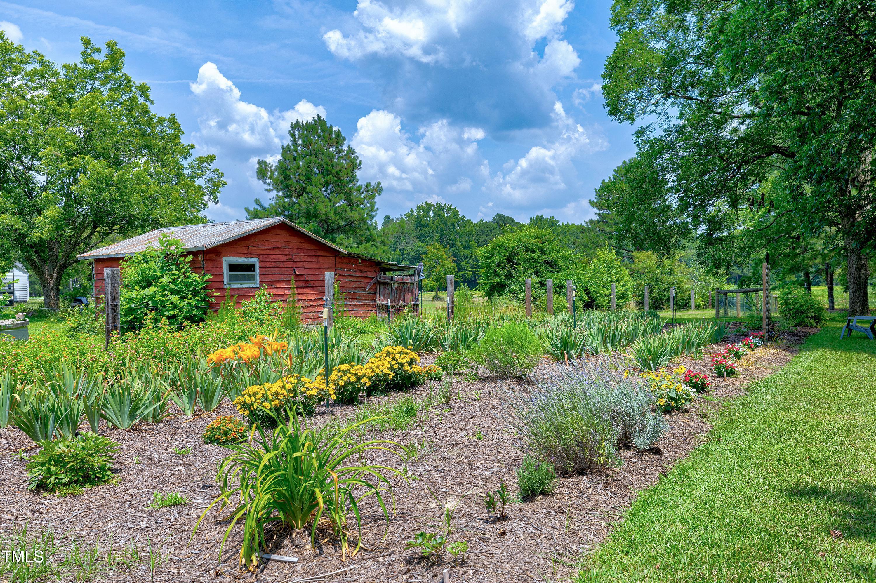 5859 Vicksboro Road Henderson, NC 27537 - Photo 62 of 65 a view of a back yard with flower plants and large trees