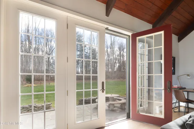 a view of a room with windows