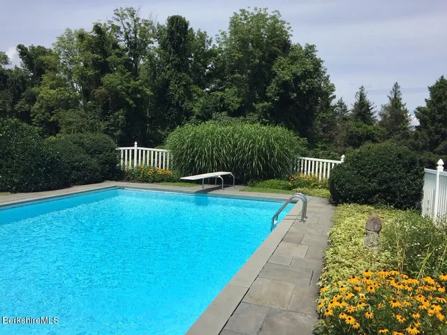 a view of a swimming pool with a patio and a garden