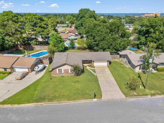 a view of a swimming pool with a garden