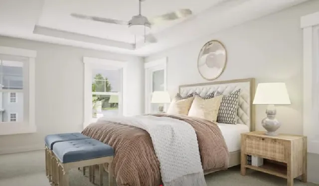 a bedroom with a bed mirror and window