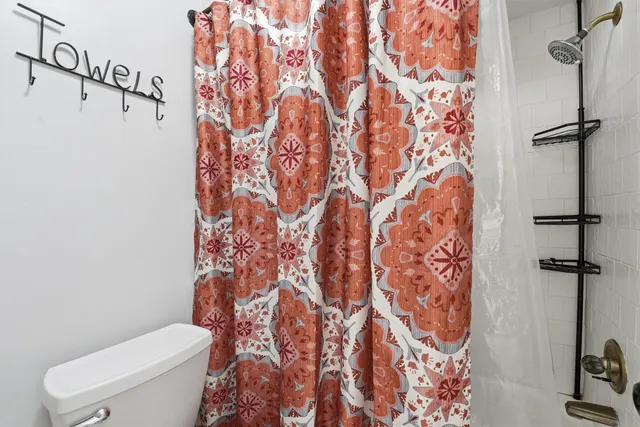 a white toilet sitting next to a shower curtain
