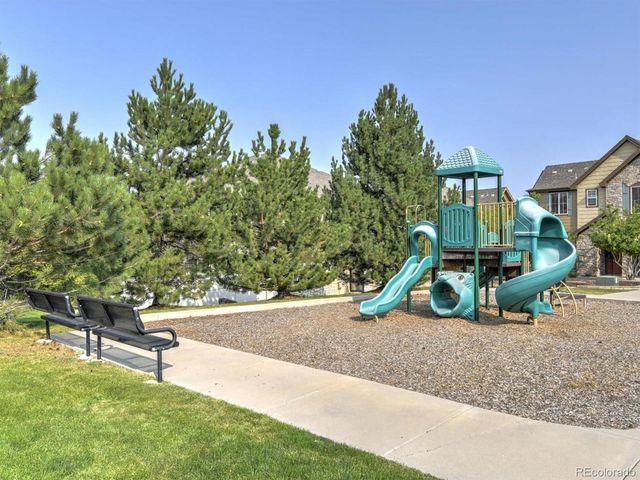 a park view with a bench and trees in the background