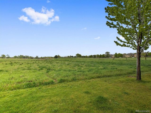 a view of a large green field with an trees in the background