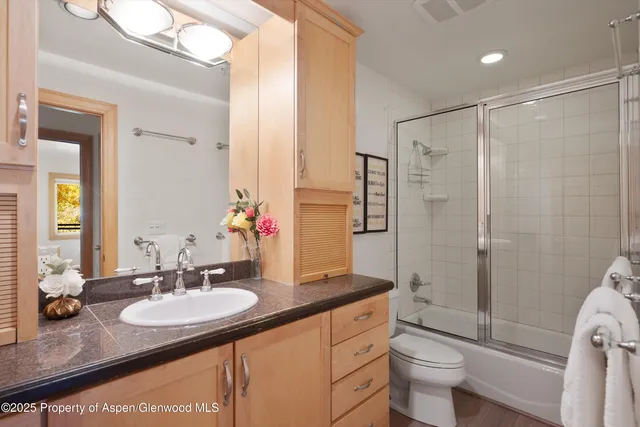 a bathroom with a granite countertop sink toilet and shower