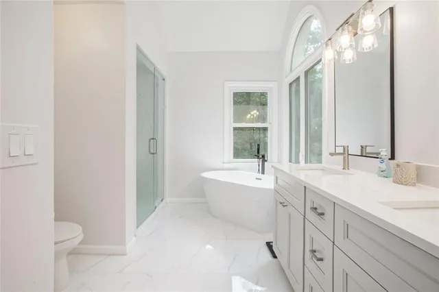 a bathroom with a double vanity sink toilet and shower