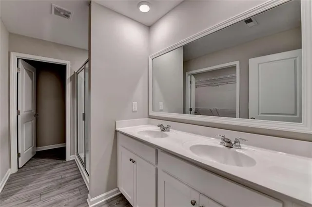a bathroom with a sink and a large mirror