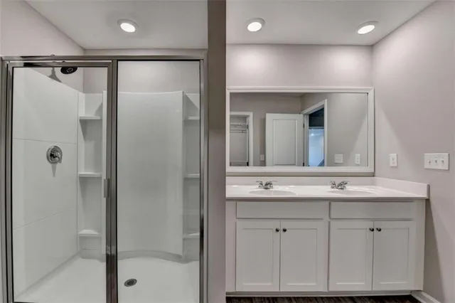a bathroom with a shower sink vanity and mirror