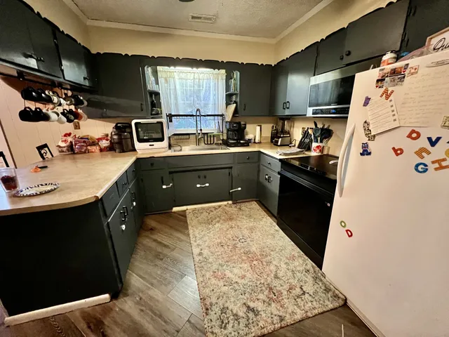 a kitchen with a sink stove and refrigerator