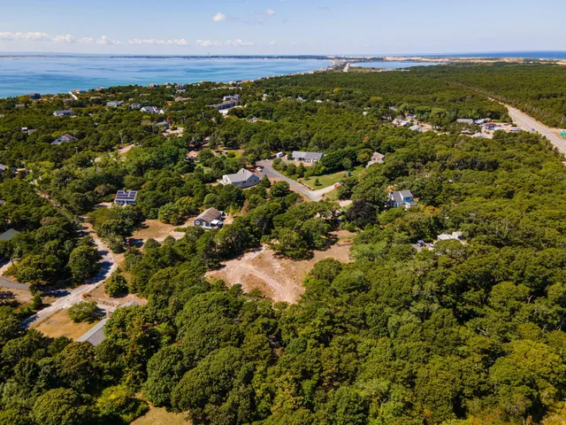 an aerial view of residential houses with outdoor space and trees