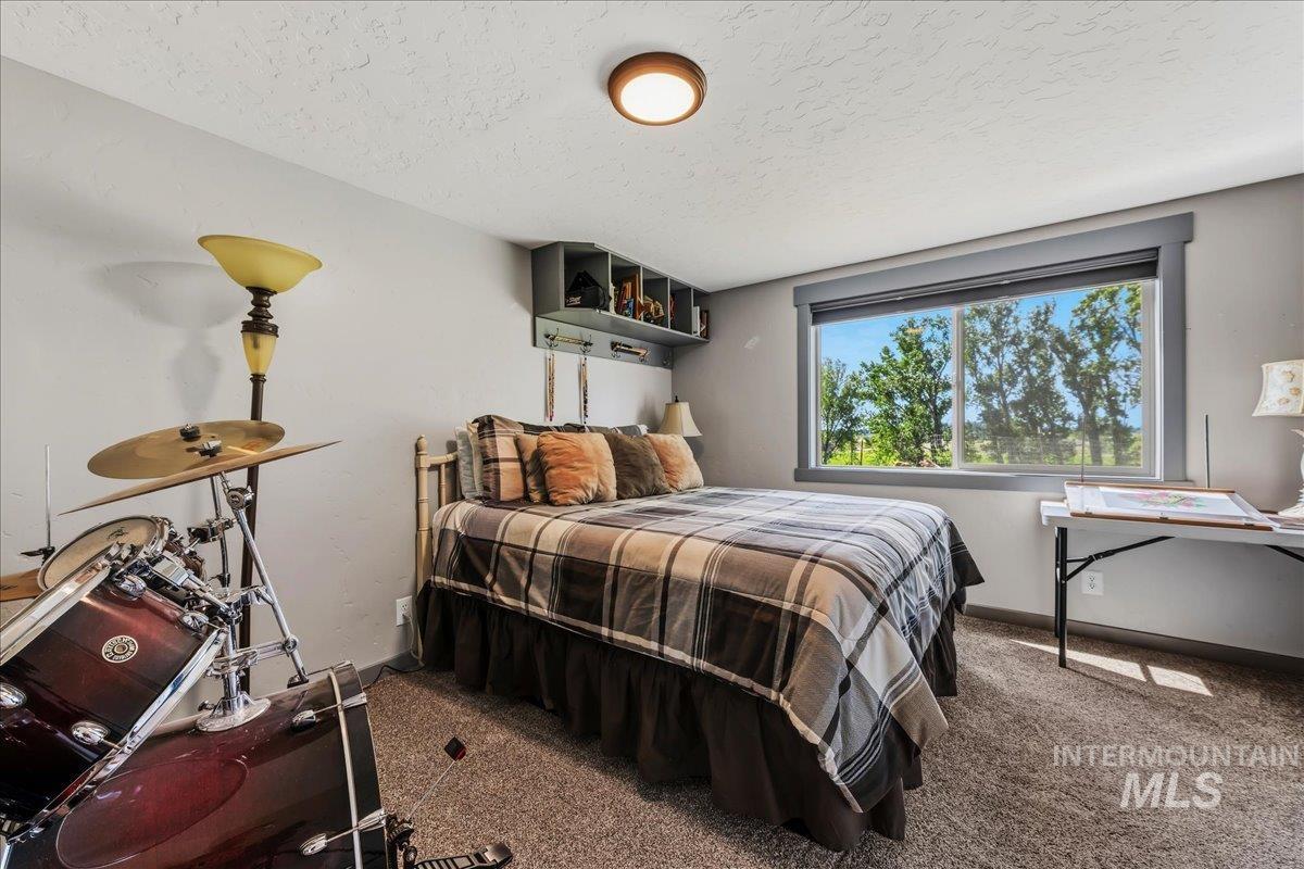 6323 Foothill Road Star, ID 83669 - Photo 23 of 50 Bedroom featuring a large window with exterior tree scenery, built-in shelving, a ceiling-mounted light fixture, and textured carpeting